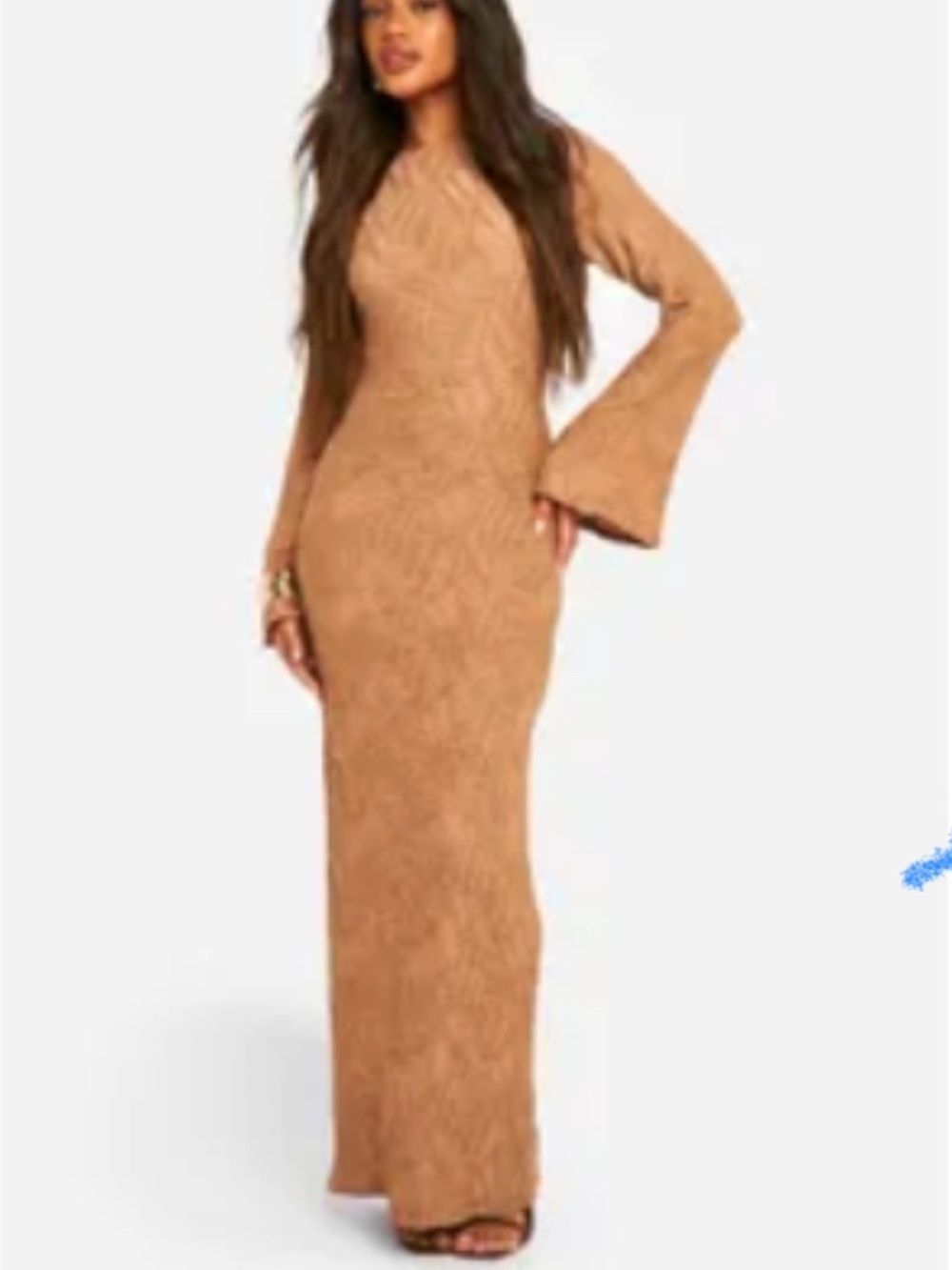 Boohoo Tan Long Sleeve Knit Maxi Dress with Bell Sleeves